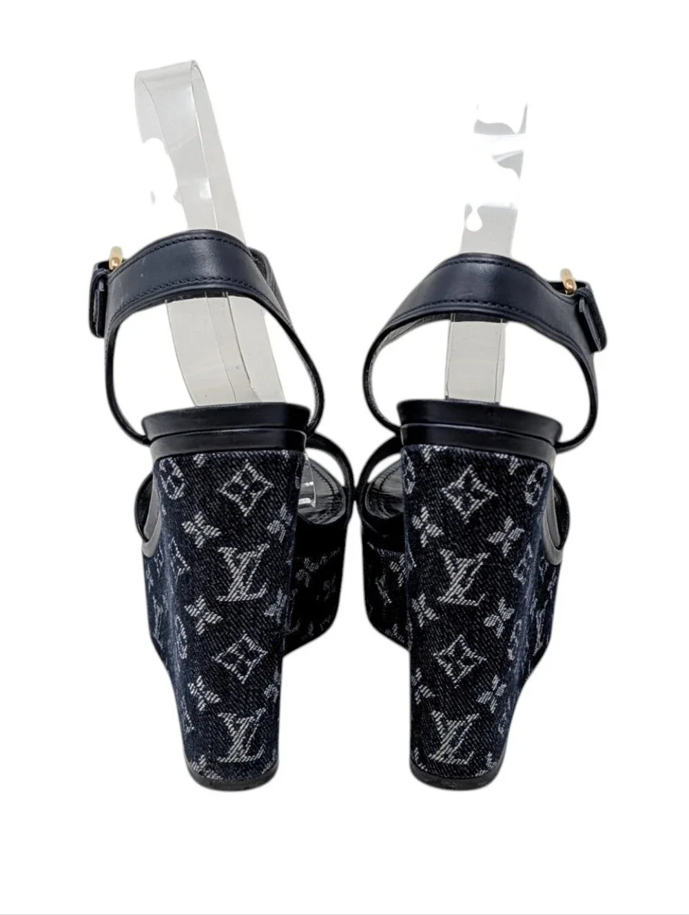 Louis Vuitton Blue Denim Monogram Leather Wedges Size EU 37.5